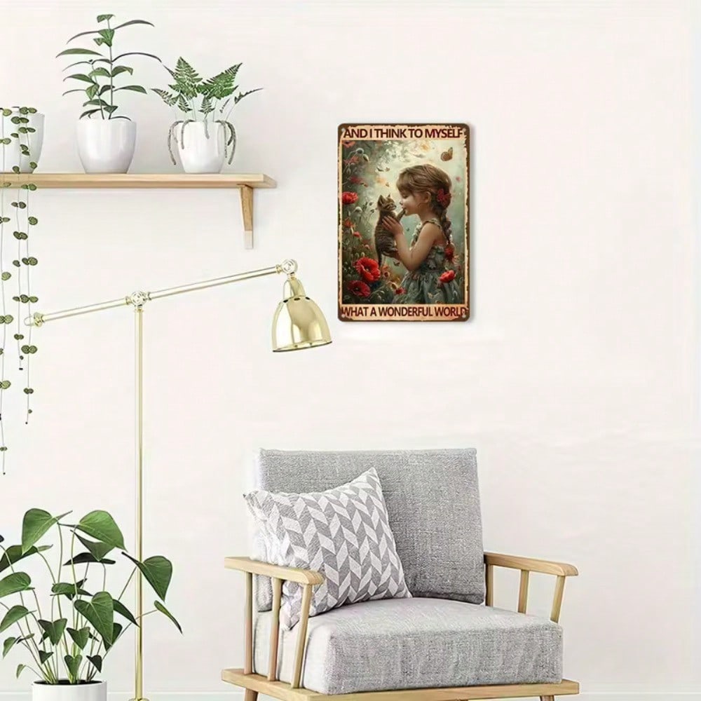 Vintage Cat Girl Wonderful World Metal Sign Fantasy Garden Wall Art 8x12 Inch Outdoor Decor