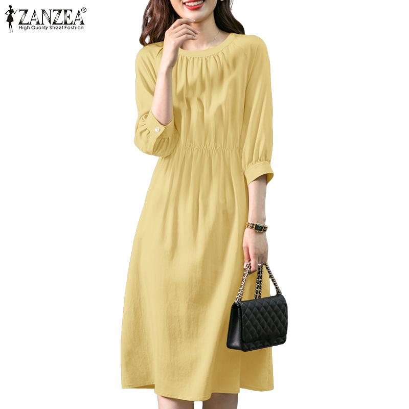 ZANZEA Women Casual Round Neck Loose 3/4 Sleeve Dress