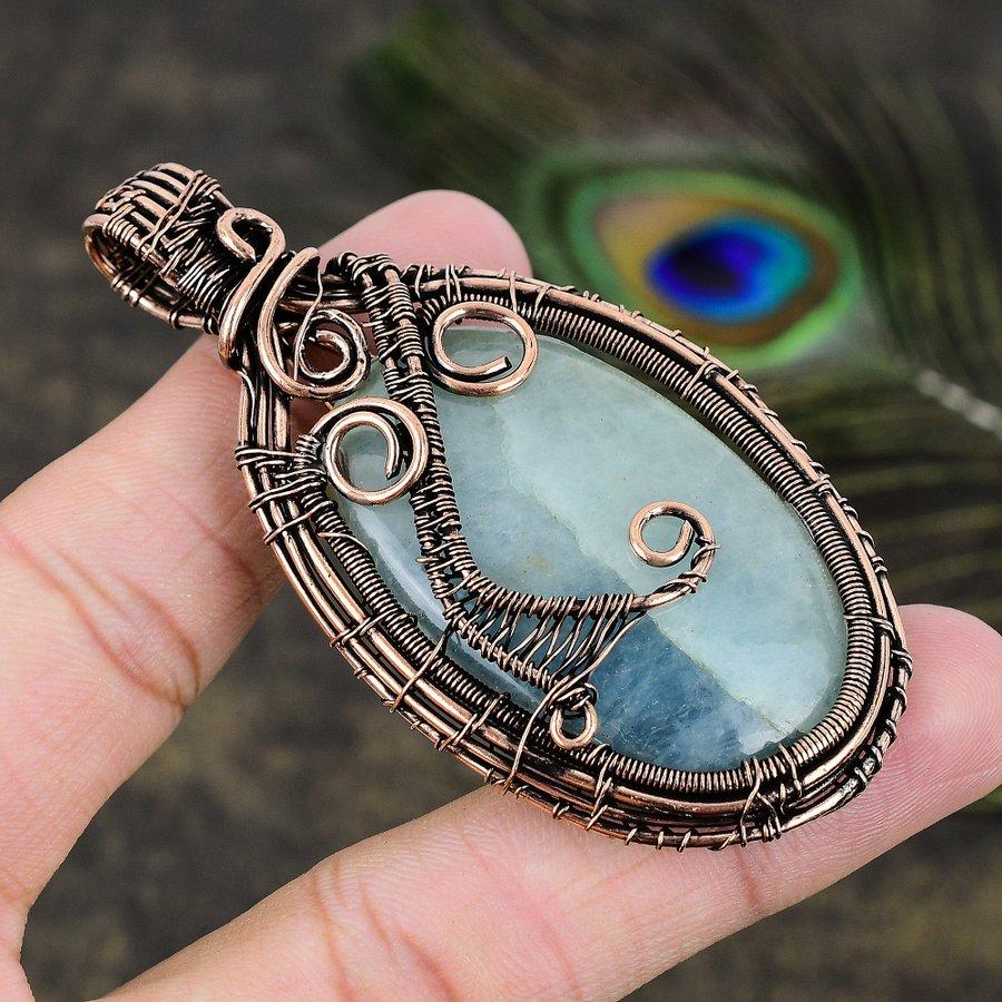 Aquamarine Gemstone Copper Wire Wrap Jewelry Pendant 3.07