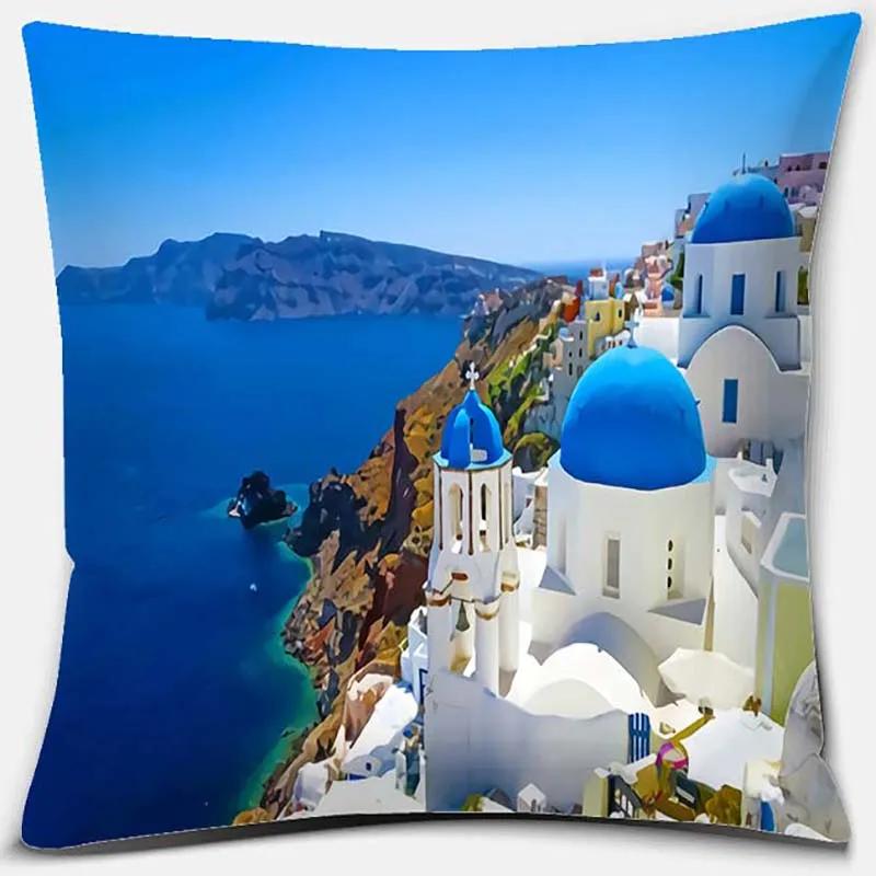 45x45cm Nordic Blue and White Castle Scenery Pillowcase Comfortable Sofa Seat Cushion Cover Hotel Home Decor Embrace Pillowcase