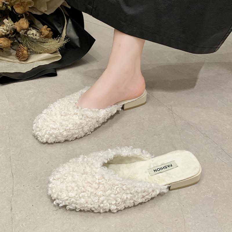 Aphixta 2.5cm Square Heel Warm Winter Furry Slide Kid Suede Women Slippers Women Shoes Round Toe Low Heel Slip On Hair Slides