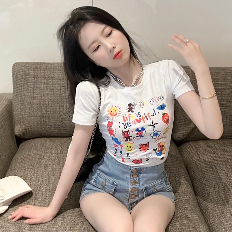 New Summer Pure and Chic Sweet Hot Girl Slim Short Navel Print Top Design Niche Short Sleeves