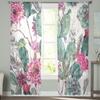 Tropical Plant Green Cactus Pink Flower Sheer Curtains for Living Room Tulle for Windows Voile Yarn Short Bedroom Curtains