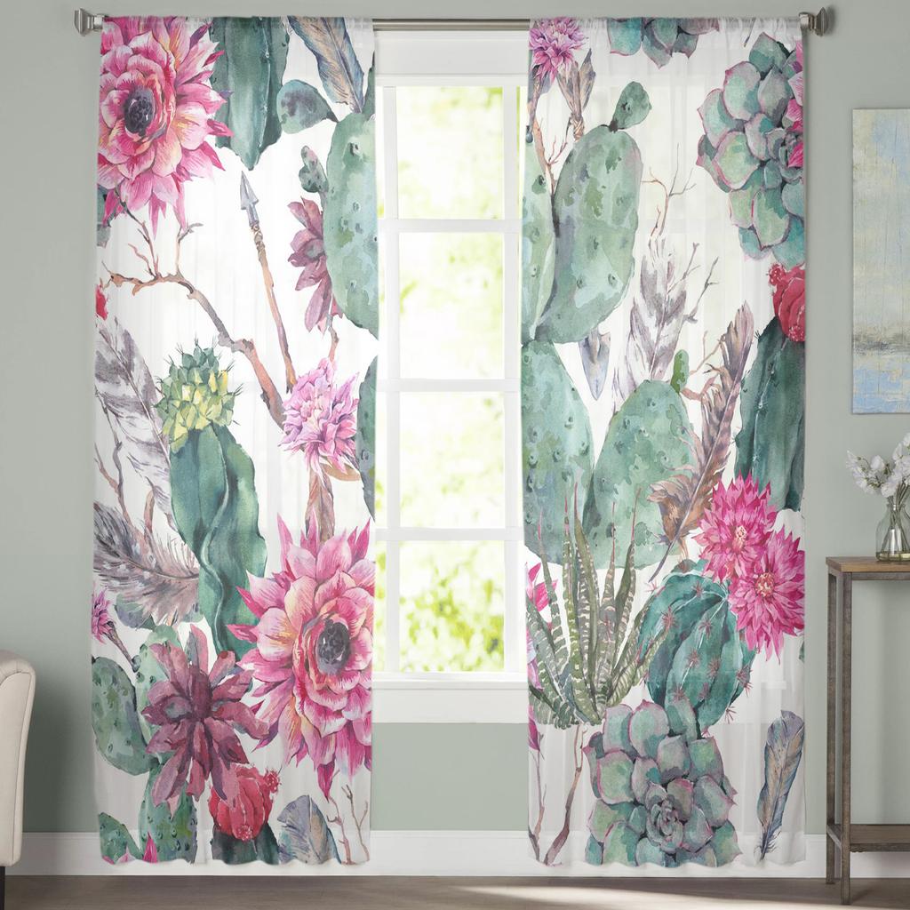 Tropical Plant Green Cactus Pink Flower Sheer Curtains for Living Room Tulle for Windows Voile Yarn Short Bedroom Curtains