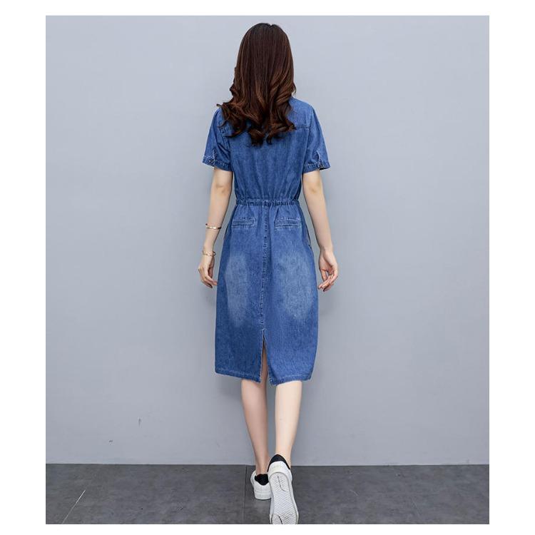 Summer Korean Denim Dress Short Sleeve Slim Waist Casual Lightweight Mid Length Fashion