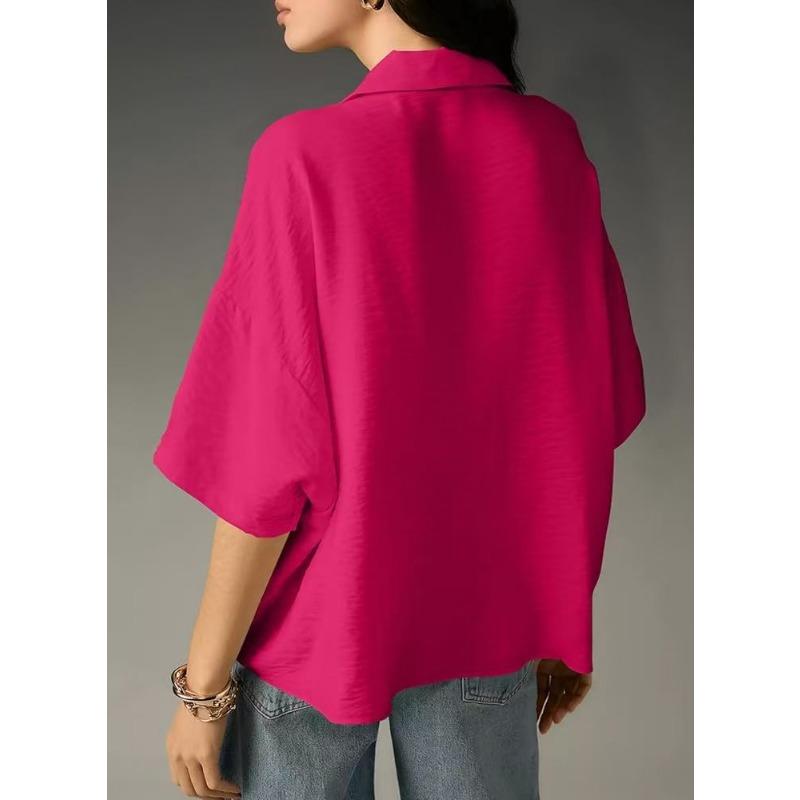 Loose Fit Short Sleeve Turn Down Collar Solid Color Casual Shirt With Pleats
