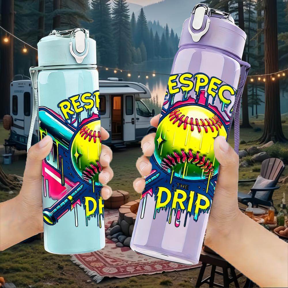 1PC Softball Respect Drip Letter Art 750ml Color Plastic Water Bottle Leakproof Flip Straw Lid For Sports Office Home Use