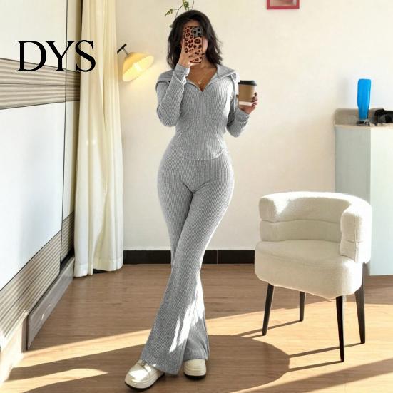 Women Lounge Wear Set Women's 2 Piece Sweatsuits Zip Up Hoodies And Bell Tracksuit Bottom Pants Ribbed Knit Outfits Sexy Bodycon Workout Tracksuits