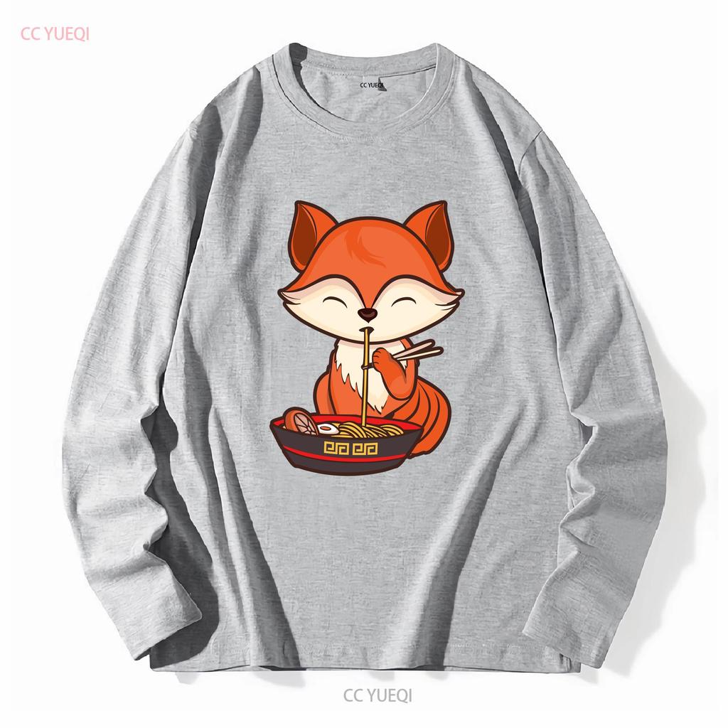 Fox Eating Ramen Kawaii T Shirt Japanese Cute Lovely Long or Short Sleeves Vintage Washed Unisex Casual Slightly Versatile