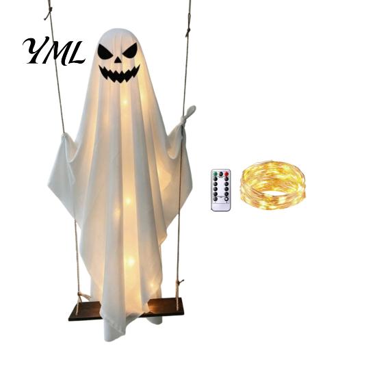 Reusable Fabric Ghost for Trees Halloween Light Up Hanging Decoration, Spooky Large on A Illuminated Decor Store Windows Swing with Witch Hat