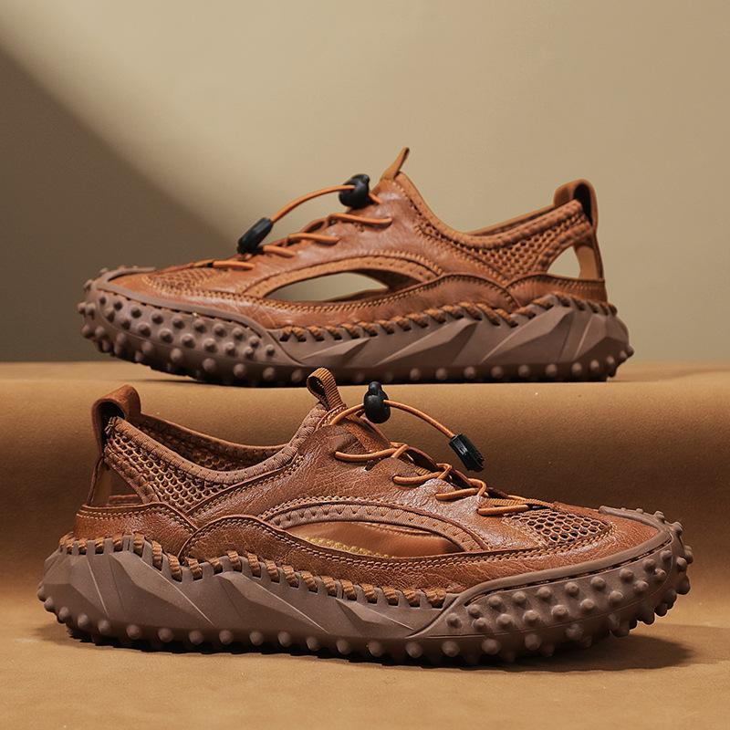 

Baotou Sandals Men s 2025 New Genuine Leather Men s Shoes Summer Plus Size Hollow Soft Sole Hand-Stitched Trendy Beach Shoes 38 коричневий