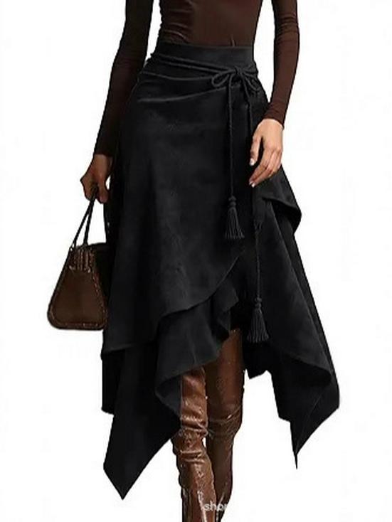 Fustă Retro din Piele de Cămilă pentru Femei cu Ciucuri de Pluș și Design cu Șireturi