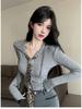 V-neck Leopard Print Tie Patchwork Long-sleeve Top for Women - Autumn Hooded Collarbone Style