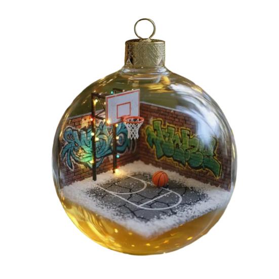 Sports Ball Christmas Ornaments 3D Snow Ball Ornament with Sports-Themed Micro Scenes Clear Plastic Hanging Ball for Xmas Tree Home Decor