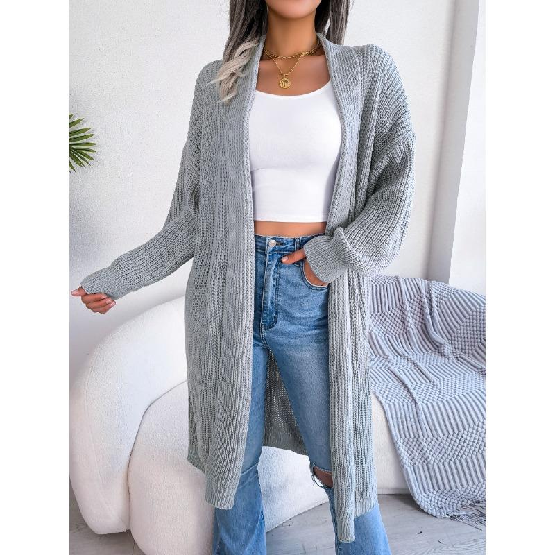 Solid Color Knitted Cardigan Women's Long Sleeved Sweater Jacket Thick Warm Knitted Long Coat with Flip Collar Autumn and Winte