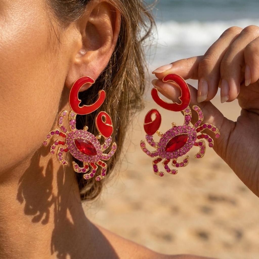 Boho Ocean Rhinestone Crab Dangle Earrings For Women Men Trendy Coastal Exaggerated Crab Claw Drop Earrings Summer Beach Jewelry