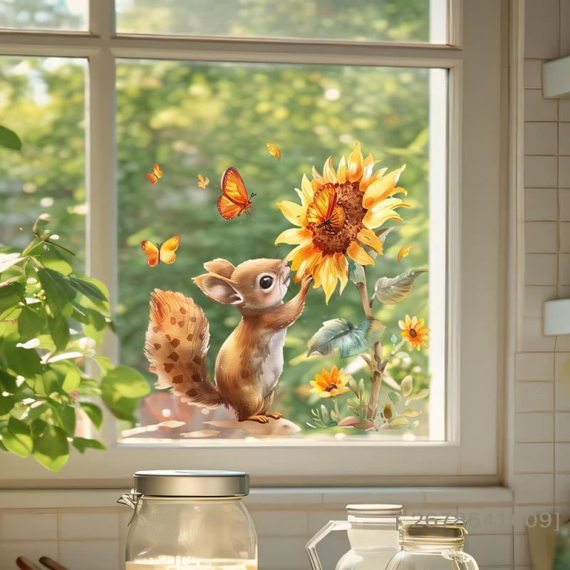 Squirrel & Sunflower Wall Decal,Watercolor Squirrel with Butterfly Window Sticker for Kids Room,Living Room & Kitchen Decor