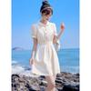Petite Women's Retro Summer Dress with French Doll Collar, Short Sleeves, and Slimming Waist-Cinched Skirt