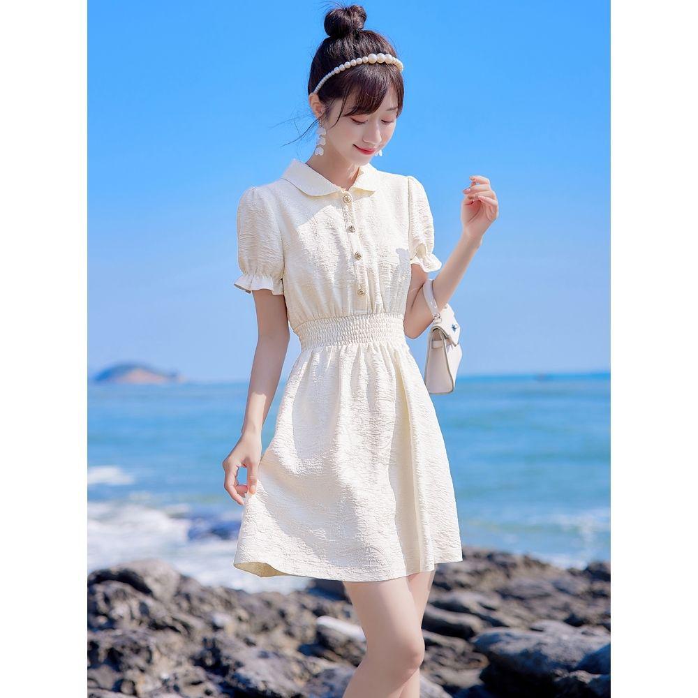 Petite Women's Retro Summer Dress with French Doll Collar, Short Sleeves, and Slimming Waist-Cinched Skirt