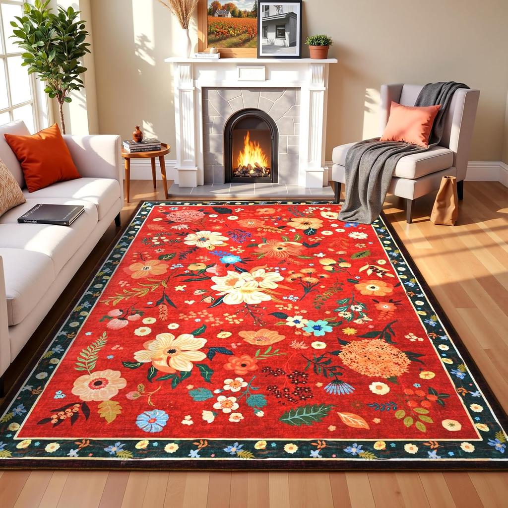 Floral Pattern Carpet Mat - Living Room and Bedroom Carpet Decoration  Romantic Design with Pink  Red Flowers and Green Leaves