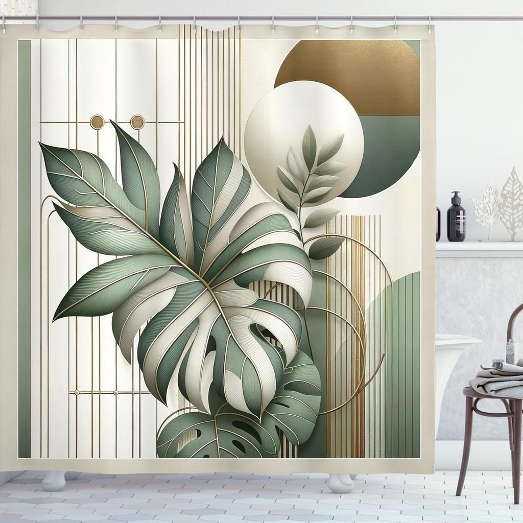Green Shower Curtain, Sage Tone Monstera Leaf with Mid Century Details Bohemian Print Modern, Cloth Fabric Bathroom De
