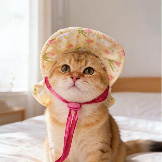 Pet Sun Hat Breathable Floral Print Wide Brim Hat with Ear Holes Adjustable Drawstring Sun UV Protection Small Dogs Cats Decorative Hat