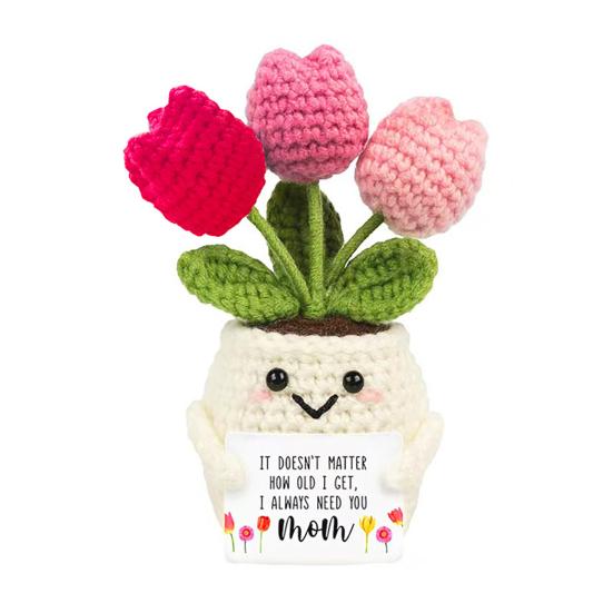 

Positive Crochet Tulip Wildflower Thank You Gifts for Women Mom Friends Handmade Potted Flower Doll with Card Emotional Support Gift