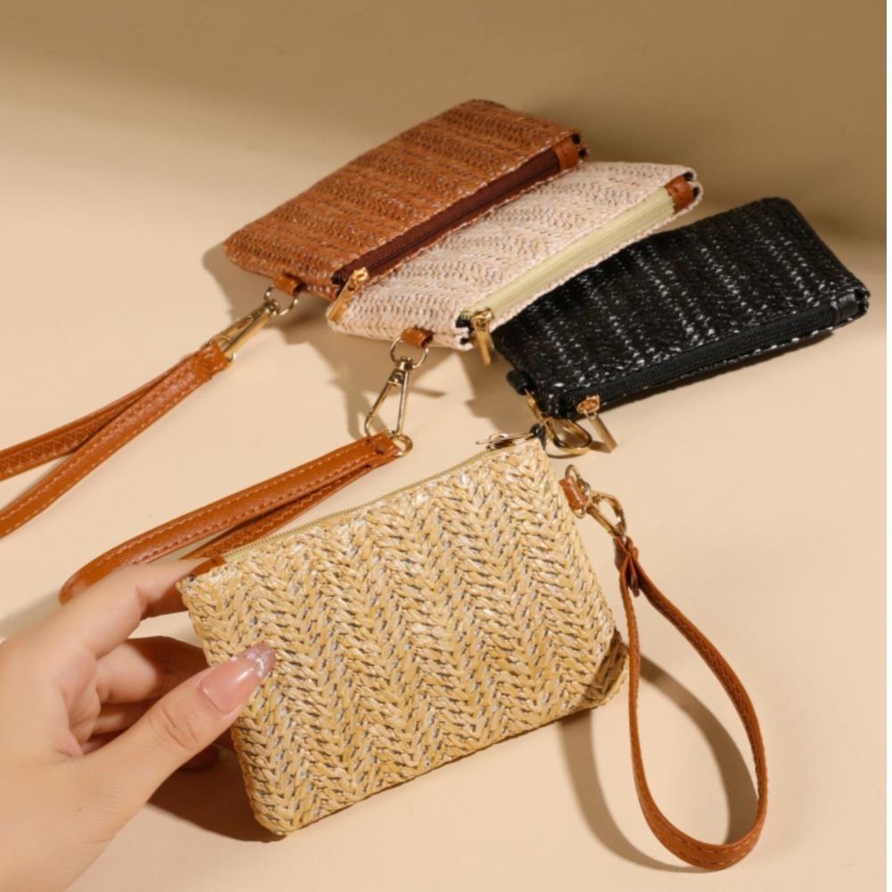 Casual Wristlet Clutch Weaving Bag Solid Straw Lightweight Beach Wallet Coin Purse