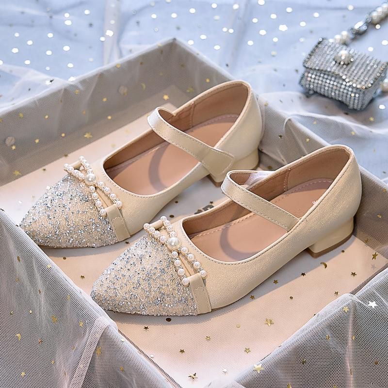 Girls' princess shoes 2025 new spring and autumn small fragrant style shining high heels children's show with dress rhinestone single shoes