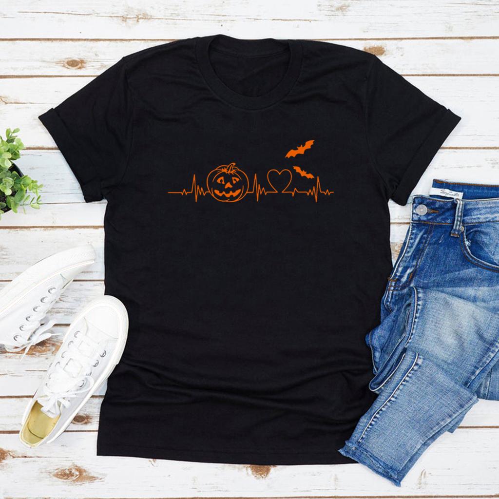 Halloween Pumpkin Heartbeat T-Shirt Funny Fall Gift Tee Spooky Season Graphic Shirt Autumn Pumpkin Lover Top Thanksgiving Tee
