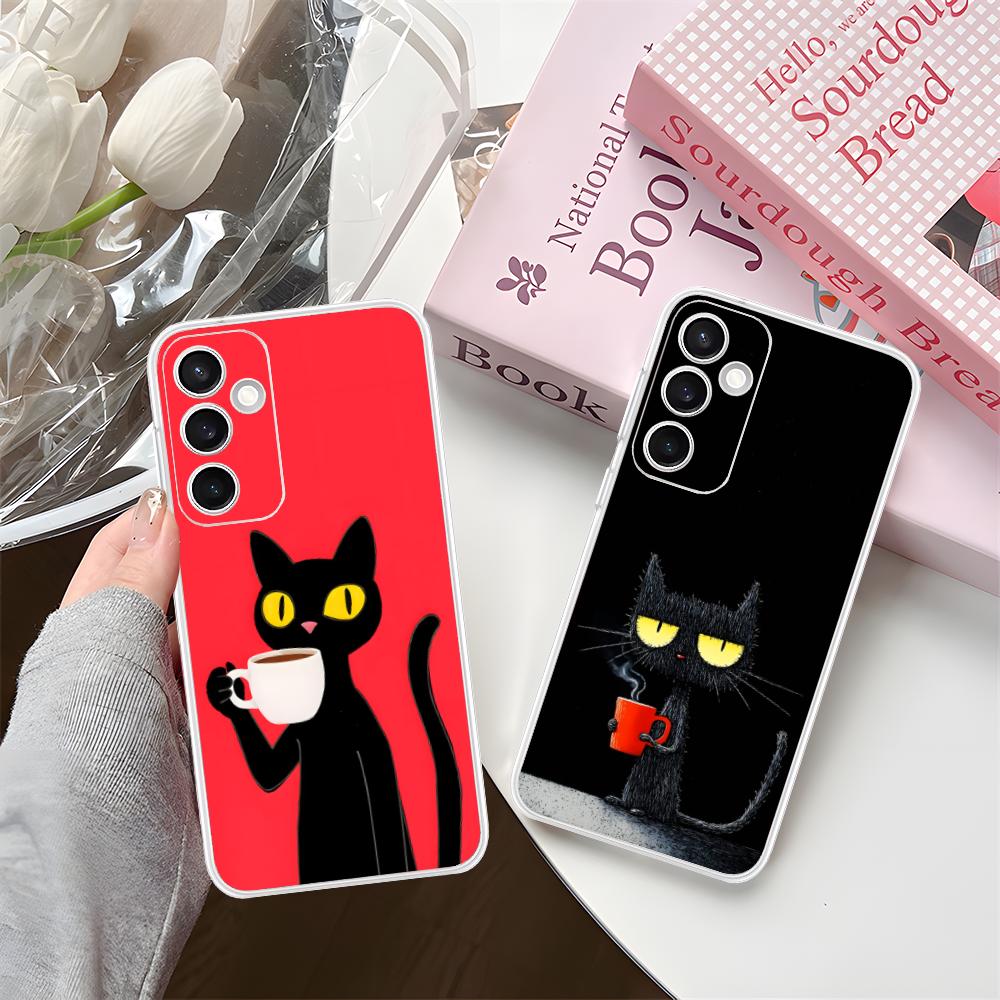 Cute Coffee Cat Clear Mobile Phone Case for Samsung Galaxy S25 S24 S23 S22 S21Plus FE Ultra Colorful Cover