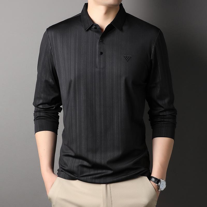 

Мужская футболка с длинным рукавом и лацканами на весну и осень, полосатая нагрудная нашивка с принтом, эластичная бесшовная повседневная рубашка-поло XXXL