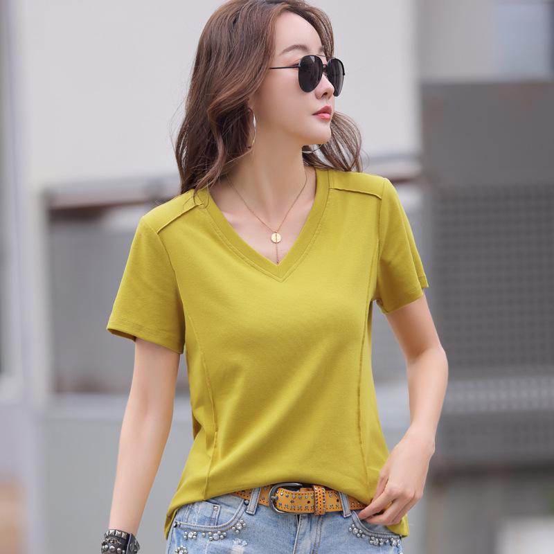Korean Style V-Neck Cotton Short Sleeve Women's T-Shirt, Solid Color, Loose Fit, Plus Size, Spring/Summer Collection