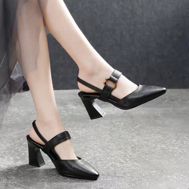Pointed high-heeled sandals women's shoes summer new first-layer cowhide thick-heeled bag head empty fashion shoes