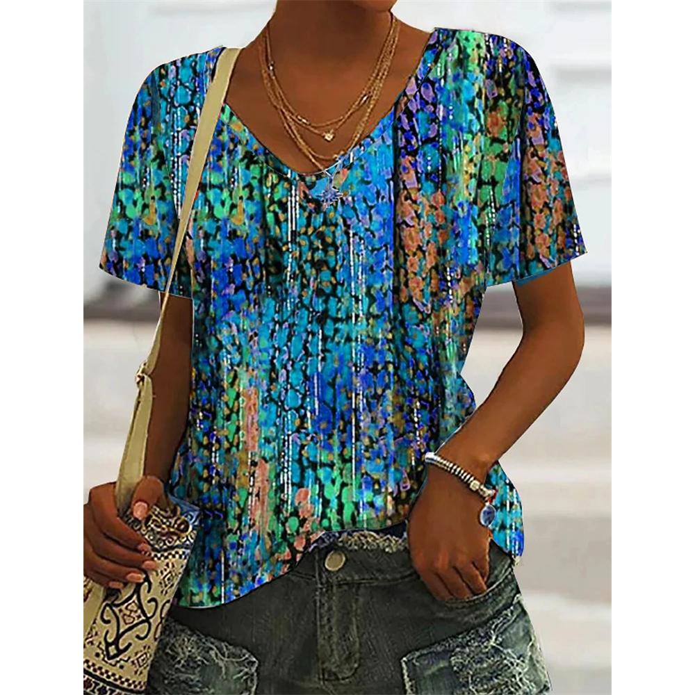 

Летняя женская футболка с 3D-цветным градиентным узором, повседневная, с короткими рукавами и V-образным вырезом 5XL