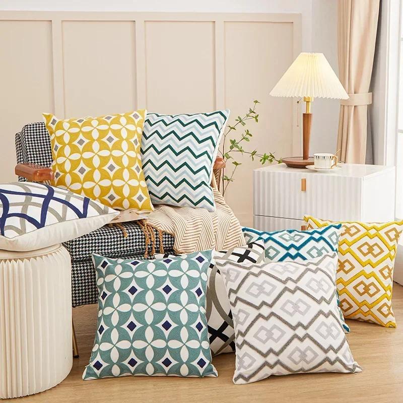 Embroidered Geometric Patterns Pillow Case Decor Home Simple Pillow Cushion Cover Throw Square Funda Cogines De 45x45cm