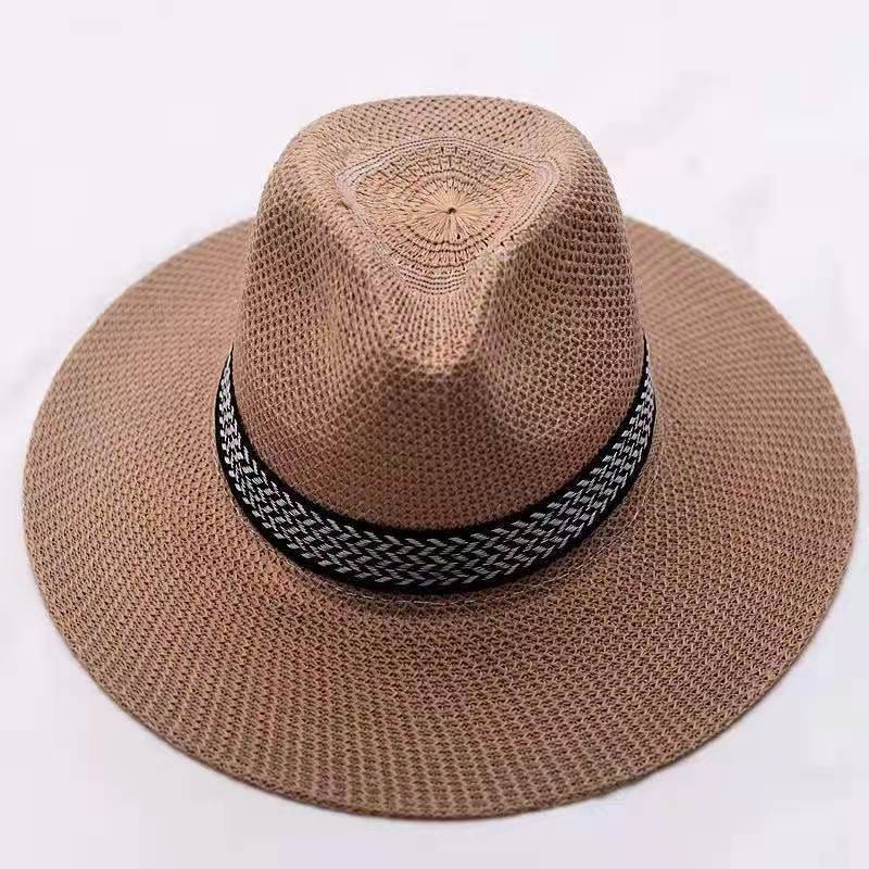 Summer Season Big Brim Straw Hat Sunshade Sun Protection Top Hat Jazz Hat Beach Travel Men's Middle-aged Net Hat