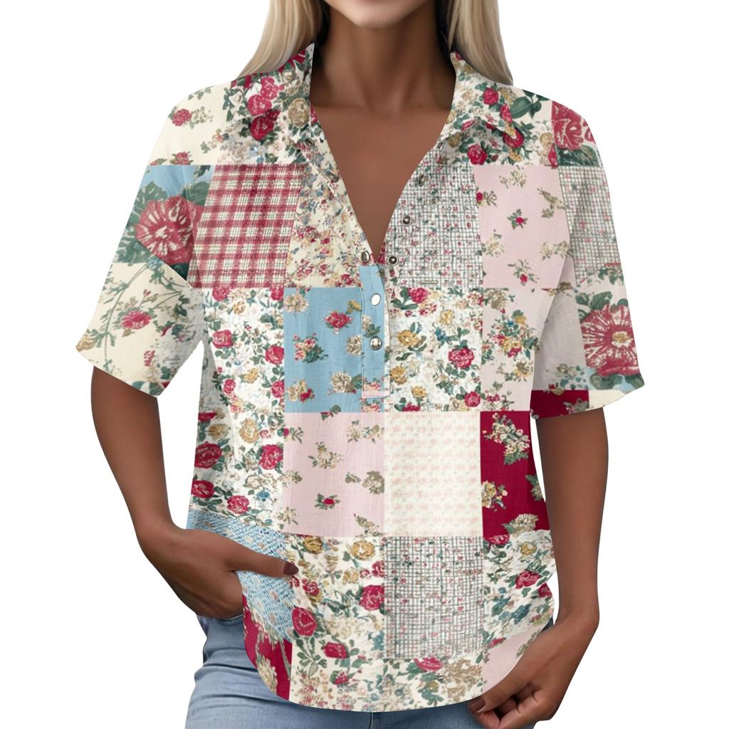 Women's Vintage Floral Print Short Sleeve Shirt Button Down Loose Fit Lapel Collar Casual Blouse Lightweight Linen Blend Top