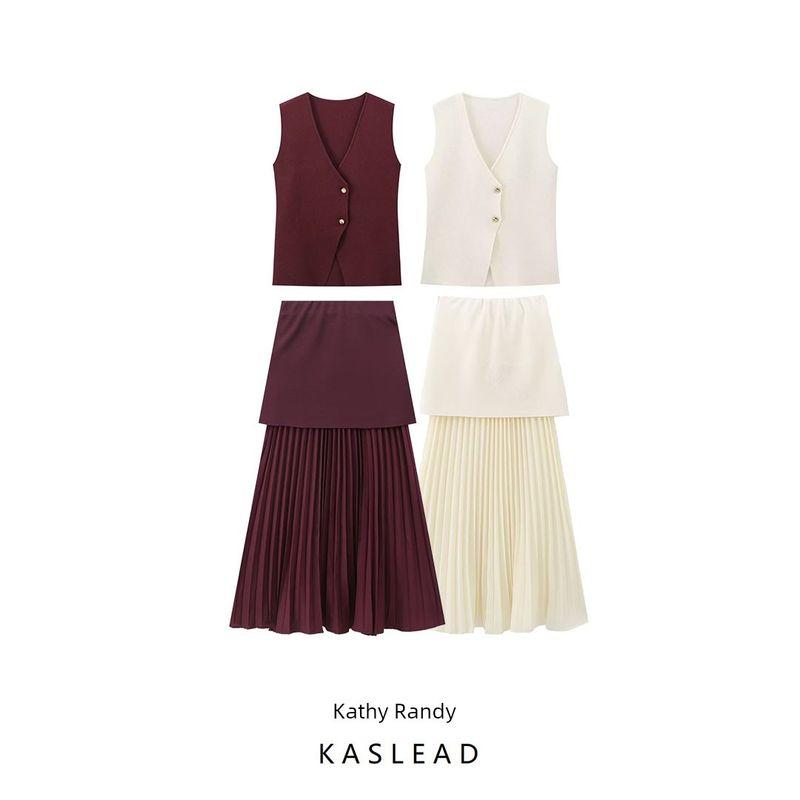 Kaslead New Arrival Women's Fashion Style Fashion Two-Color Knitted Vest Patchwork Half-Length Dress Suit