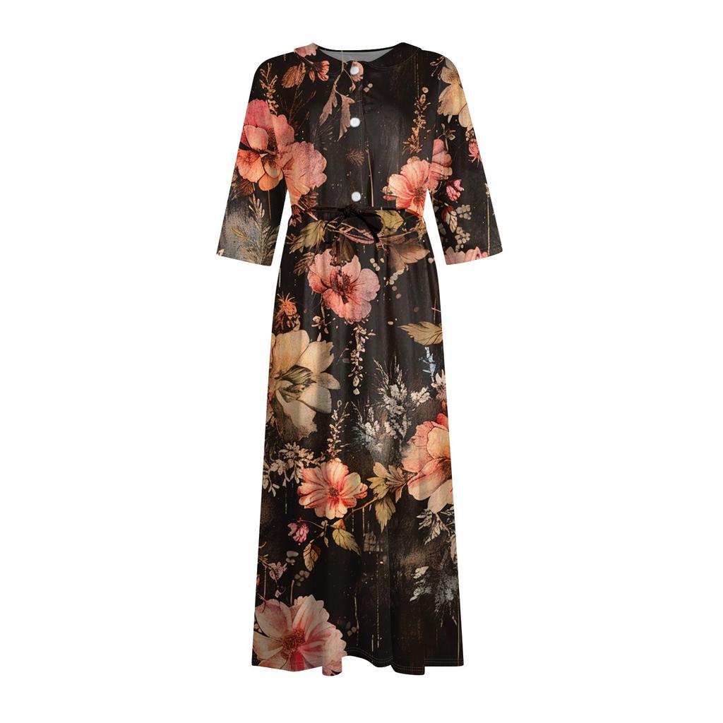 Damenmode Retro Blumendruck Revers Knopf Dreiviertelärmel Kleid