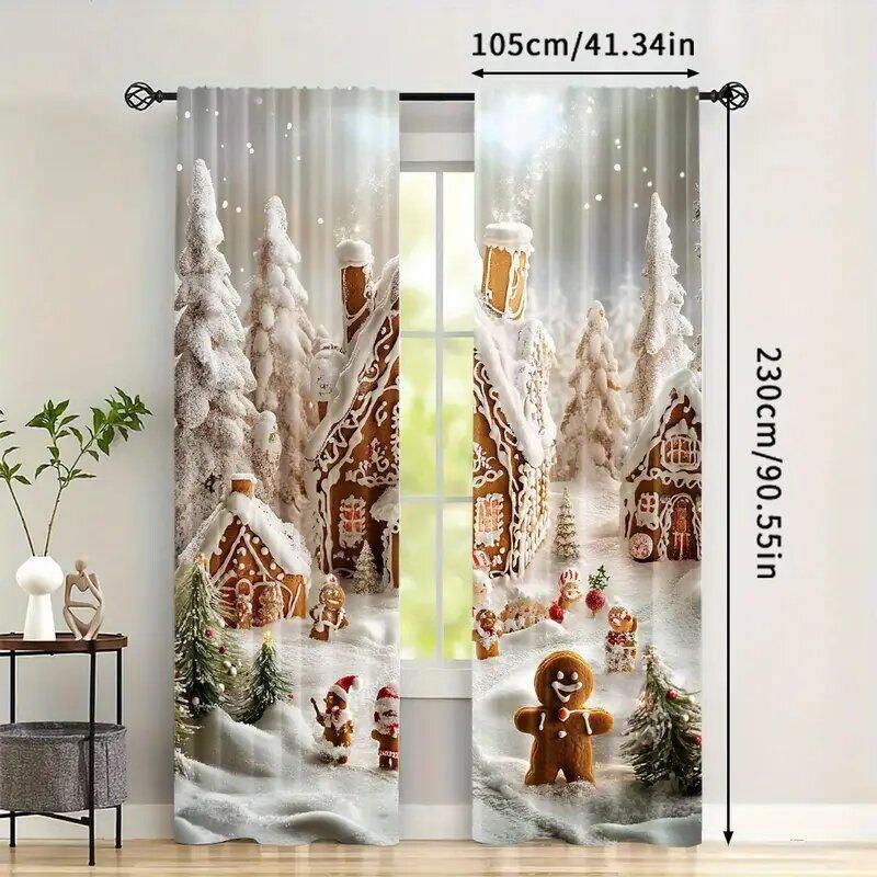 Christmas Curtains Holiday Snow Scene Gingerbread Man Printed Home Decorations Room Curtain Set Of 2 Made Polyester Washable