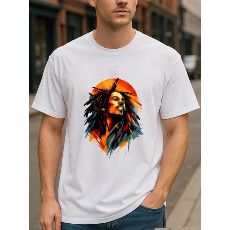 Европейский размер Аватар вокалиста регги Цветной Аватар Музыкальный Ретро-стиль Однотонный Принт Футболка | Всесезонный Повседневный Стиль, Универсальный Повседневный Топ, Топ с Круглым Вырезом S белый