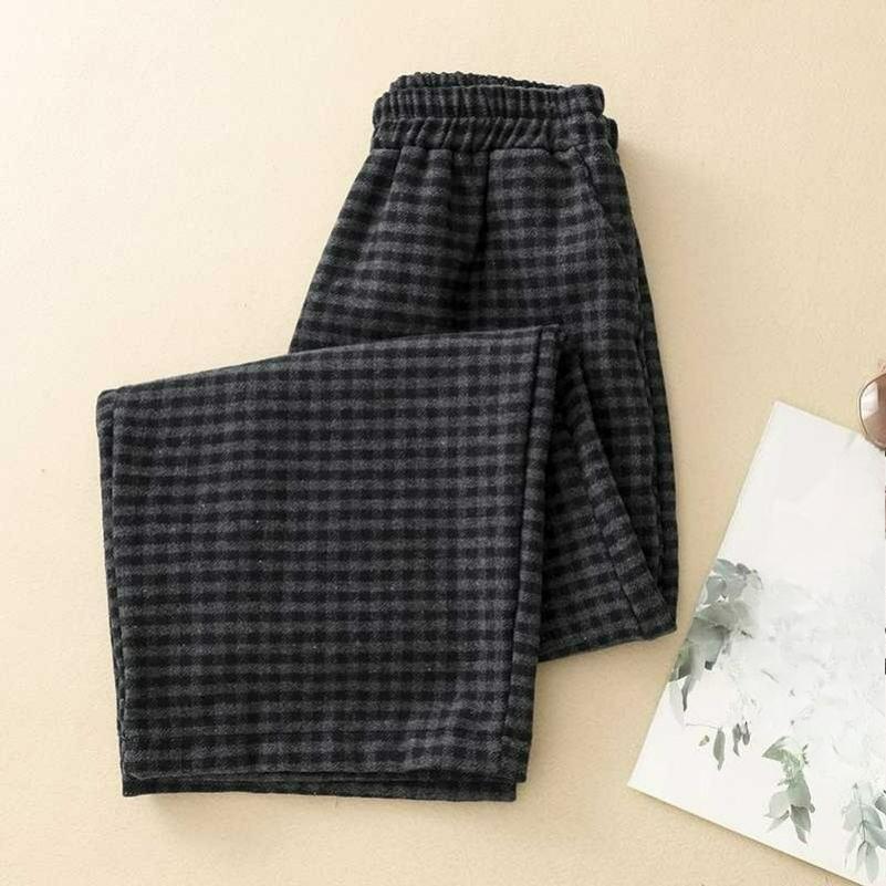 Wool Blend Plaid Straight-leg Pants Elastic Waist Casual Trousers