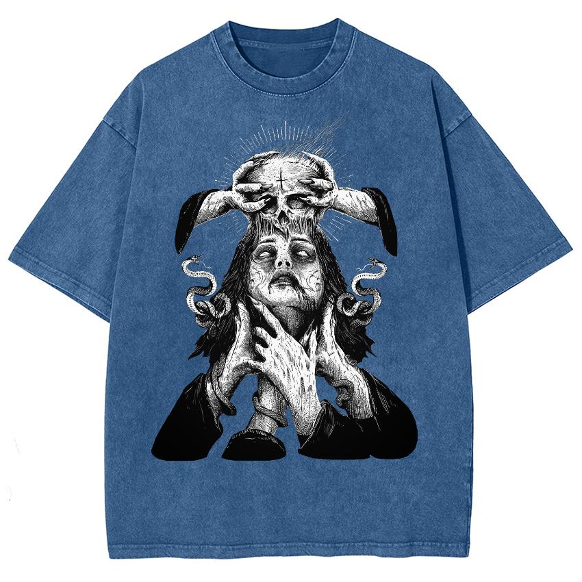 

Жуткий персонаж принт змеи хлопок женская выстиранная футболка оверсайз свободная с полурукавом хайстрит панк ретро топ 3XL