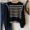 2025 Autumn Black & White Striped Puff Sleeve Sweater Knitwear Top