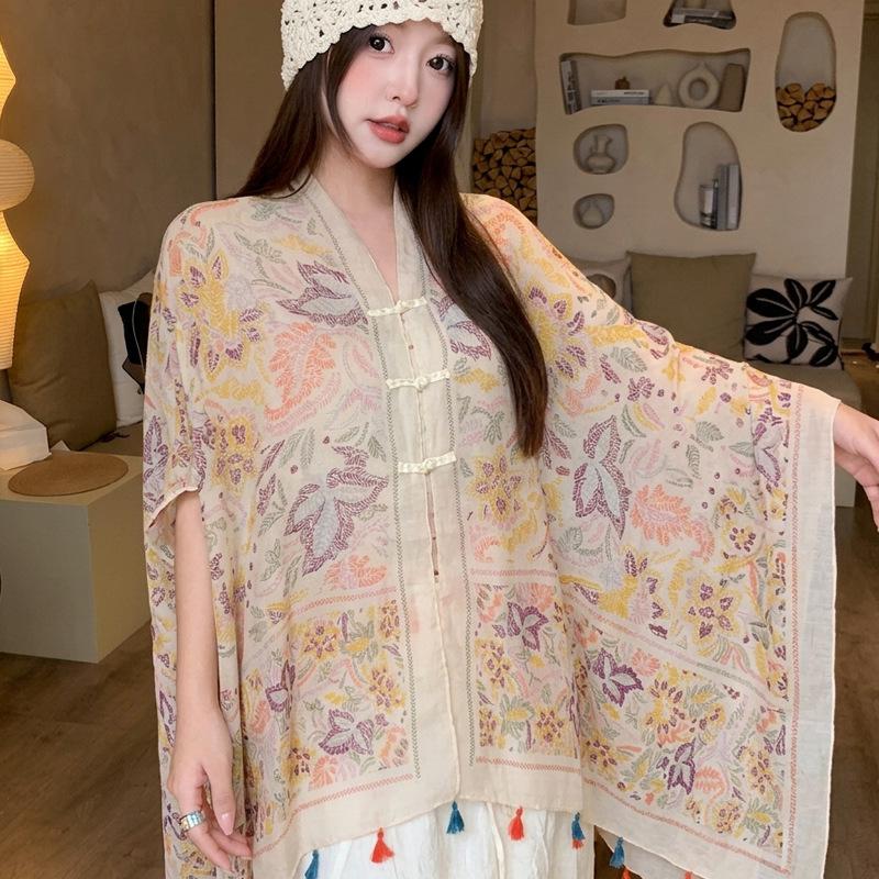 Small fresh green floral silk scarf women's summer travel buckle sunscreen large shawl beach towel thin yarn scarf scarf