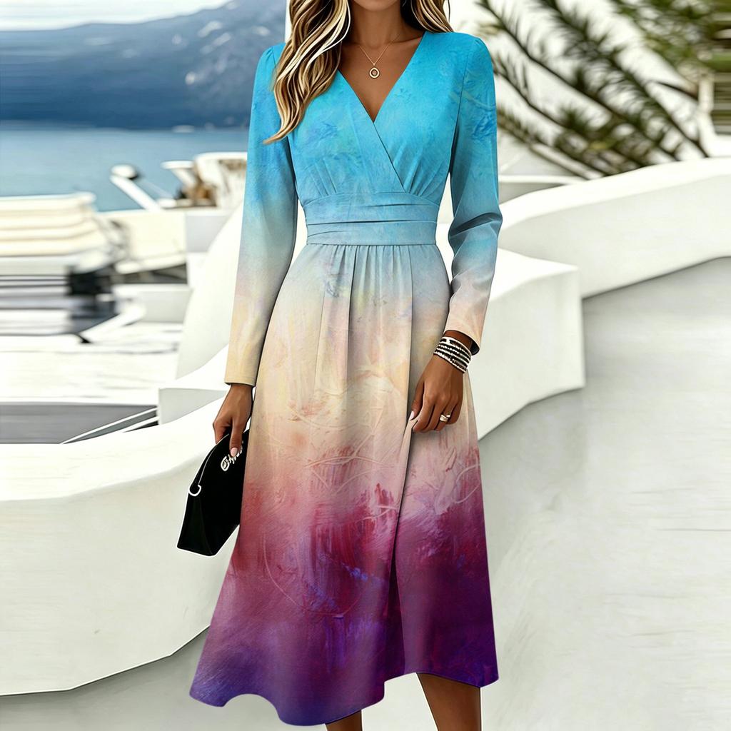 Women's Casual Print Long Sleeve V-Neck Dress with Pocket