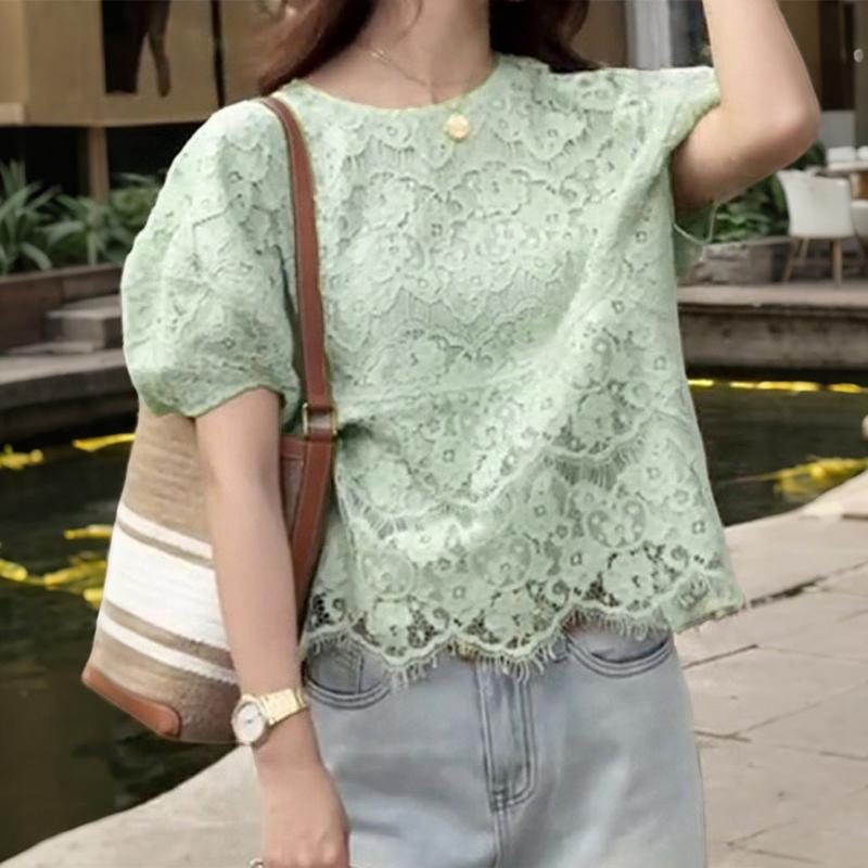 ZANZEA Women Casual Round Neck Short Sleeve Summer Lace Blouse
