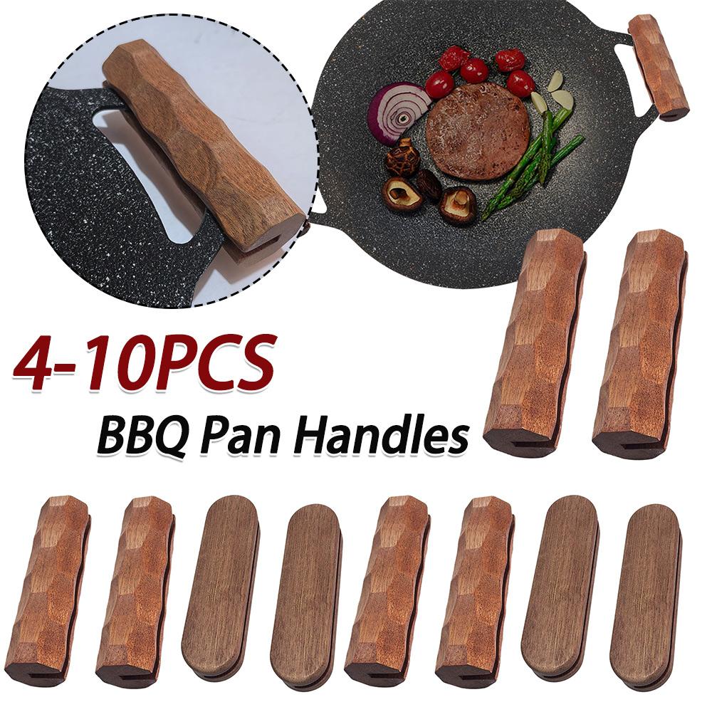 4-10Pcs Sapele BBQ Pan Handle Anti Scald Pan Insulated Grip Portable BBQ Plate Handle for Sauce Pan Sauteing Grilling Pan