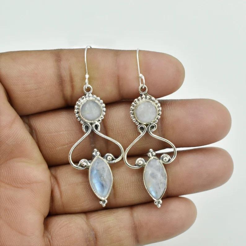 Rainbow Moonstone Gemstone Earring, Dangle Earring, Bezel Earring, Charm Jewelry, Handmade Earring, 925 Silver Earring